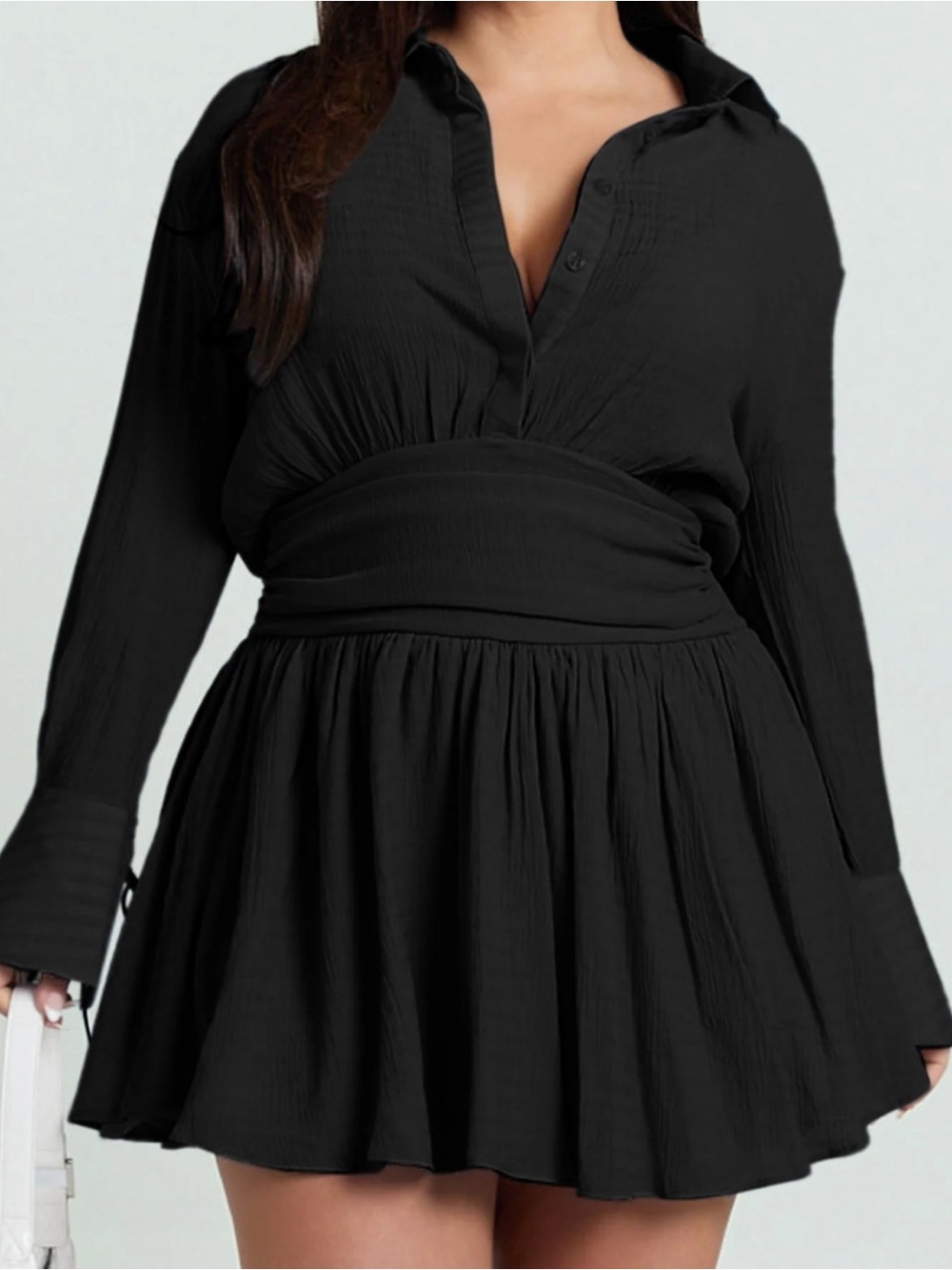Collared Long Sleeve Waist Shirt Dress in Black Size 16